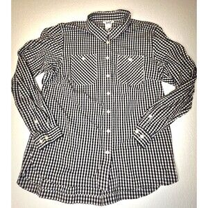Duluth Trading Company Womens Button Down Shirt Black &White Gingham Plaid Large